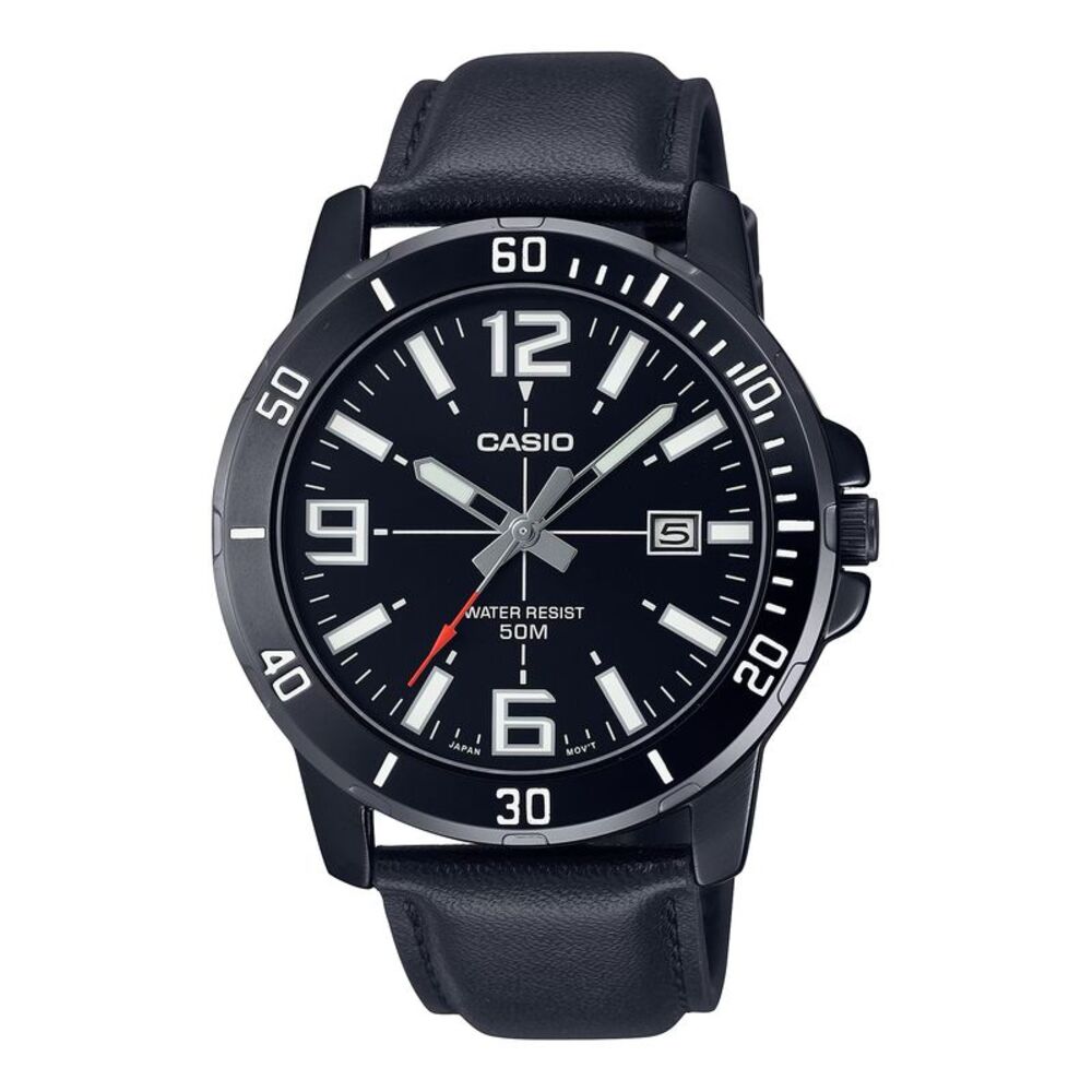 Casio Men’s Black Analog Watch with Date Display and Leather Band -